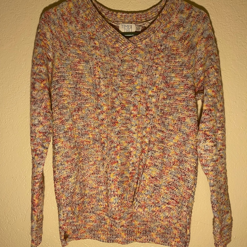 Time and Tru Colorful Marbled Cable Knit VNeck Sweater Pullover Womens S…
